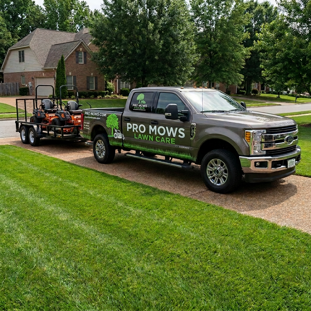 ProMows Lawn Care truck and trailer parked at a beautifully landscaped property